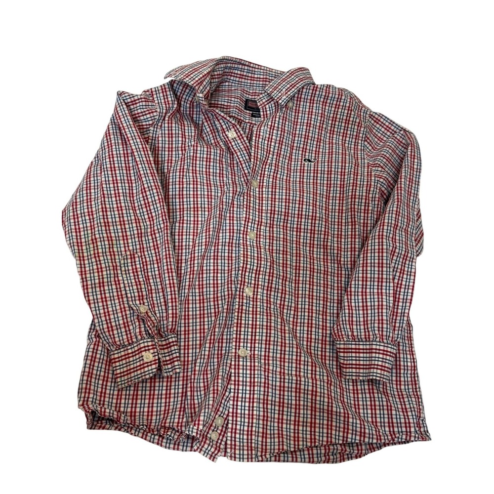 Vineyard Vines Shirt Boys Size 6 Red Blue Plaid Whale Logo Button Down Cotton